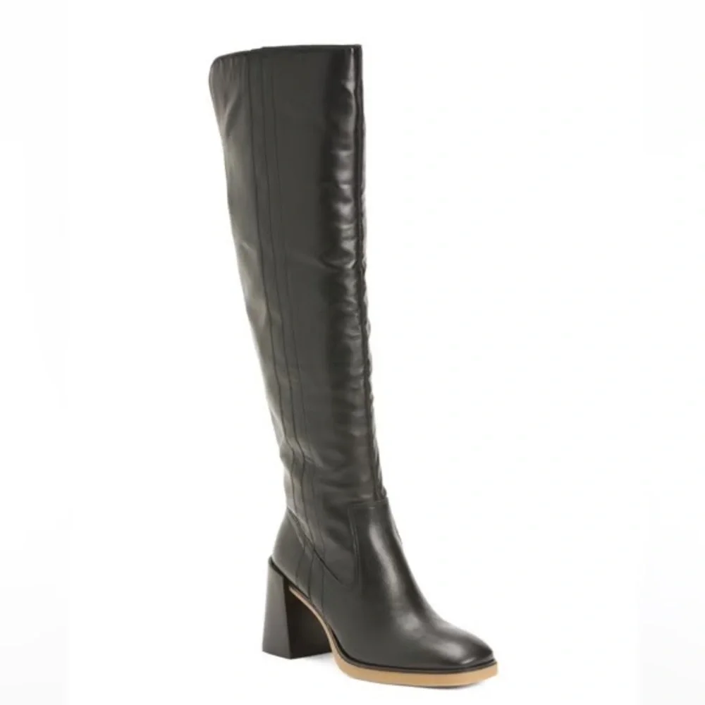NWOB Black Vince Camuto Eyana Wide Calf over knee Leather Block Heel Size 7.5